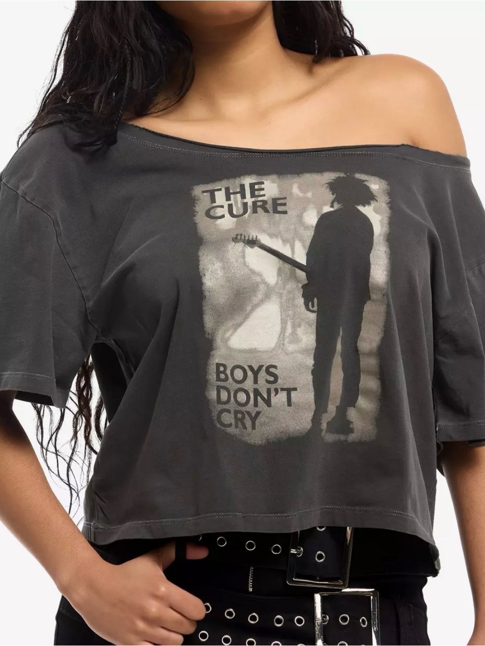 NWT The Cure Boys Don't Cry Graphic Gray T-Shirt Off Shoulder Size XL XLarge